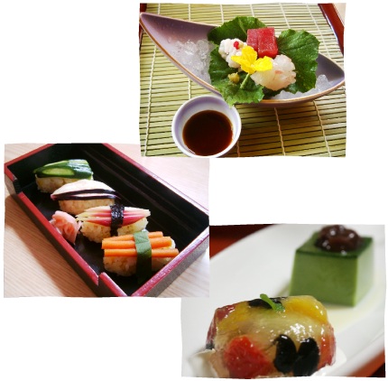 山菜の天ぷら、漬け物寿司、フルーツゼリーと抹茶プリン